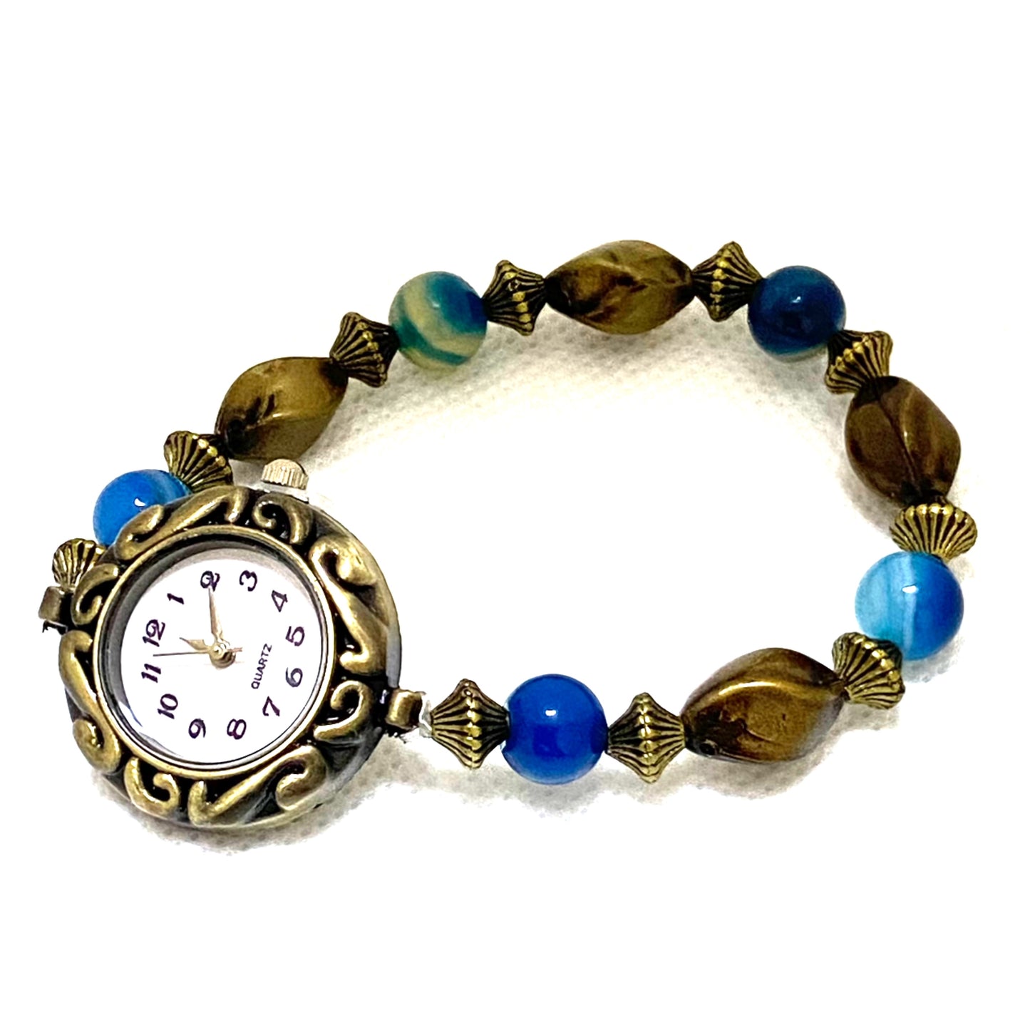 オリジナル ハンドメイド デザイン 天然石 パワーストーン 瑪瑙 メノウ アンティーク調 ビーズ ブレスレット 腕時計 ウオッチ ブルーアゲート agate レディース 時計 おしゃれ 手作り ギフト プレゼント カイヤナイトカラー 縞瑪瑙かわいい 30代 女の子