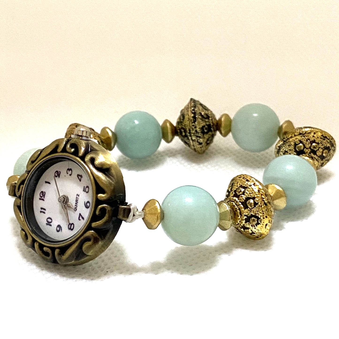 クーポン オリジナル ハンドメイド デザイン 天然石 パワーストーン アマゾナイト アンティーク調 ビーズ ブレスレット 腕時計 ウオッチ ブルーアゲート amazonite レディース 時計 おしゃれ 手作り ギフト プレゼントかわいい 30代 女の子