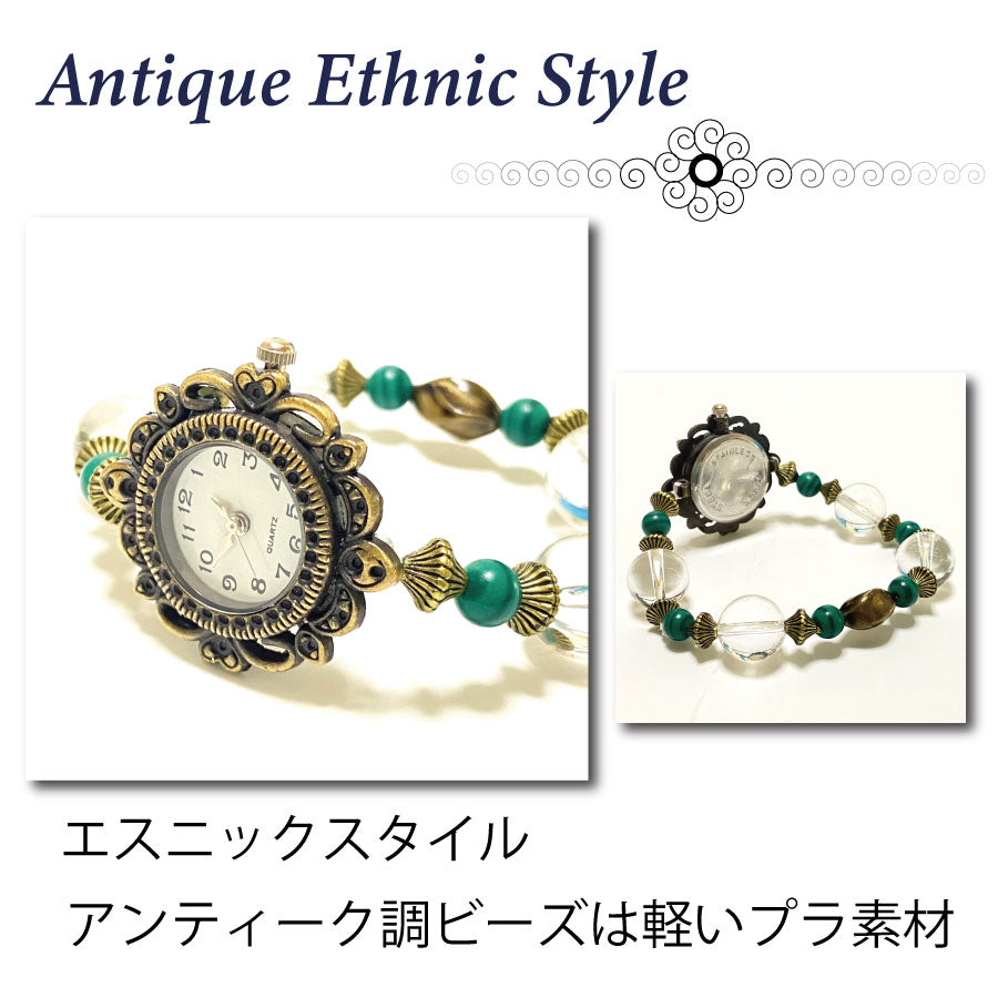 クーポン天然石 パワーストーン ブレスレット 腕時計 ハンドメイド 手作り ウオッチ アンティーク調 オリジナル デザイン ビーズ 石 オニキス ローズクオーツ 水晶 クオーツ 時計 シルバー