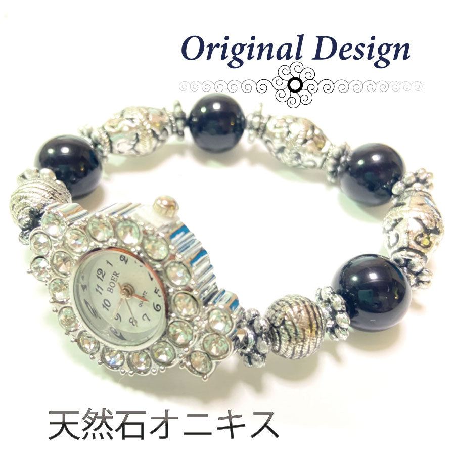 クーポン天然石 パワーストーン ブレスレット 腕時計 ハンドメイド 手作り ウオッチ アンティーク調 オリジナル デザイン ビーズ 石 オニキス ローズクオーツ 水晶 クオーツ 時計 シルバー