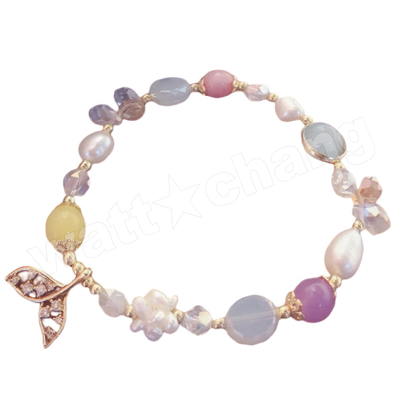 マーメイド パワーストーン 天然石 パール ラインストーン かわいい ブレスレット 伸びる 水晶 フィン くじら ビーズ 手作り ハンドメイド 腕輪 簡単 ジュエリー ギフト プレゼント 海 淡水パール 真珠 人魚 リトル