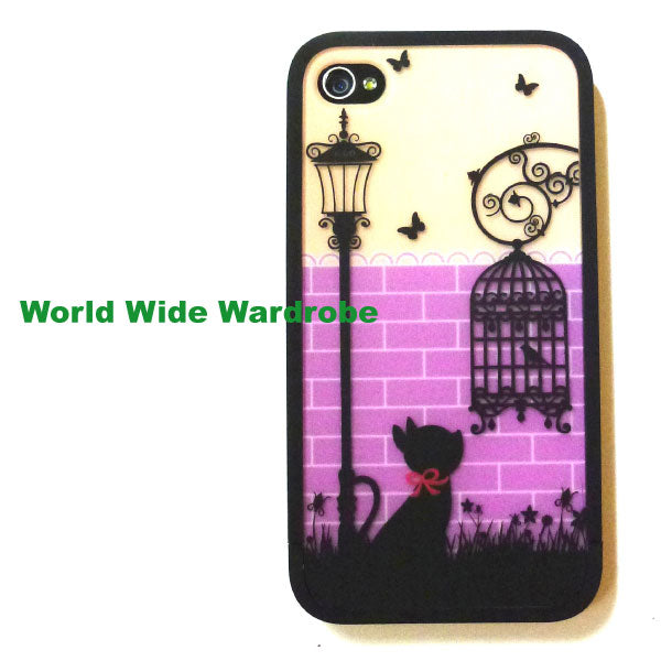 iPhone5,4 4S カバーケース・EROエアロ世界旅行シリーズ (Cat、ネコ+鳥かご)