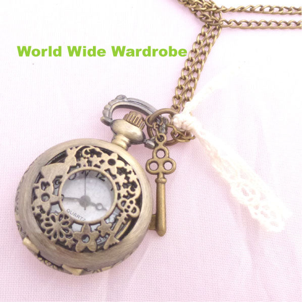 ★レースリボン&鍵付き不思議の国のアリスアンティーク調ペンダントウオッチプチ懐中時計