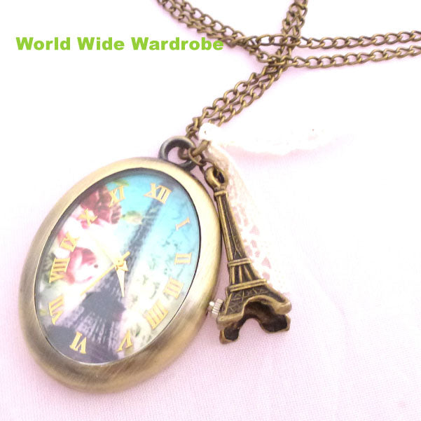 ★花の都パリParisエッフェル塔アンティーク調ペンダント懐中時計(チャーム&レース付)