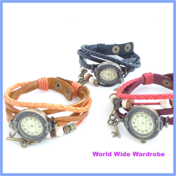 クーポン 有 アンティークエスニックビーズ編み込み3連レザーブレスレットウオッチ ギフト 人気