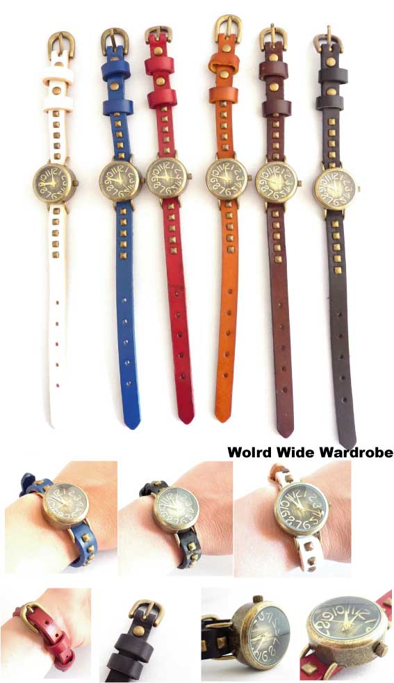 ★ユニセックス本革仕様!ヴィンテージ風スタッズレザーベルトウオッチ