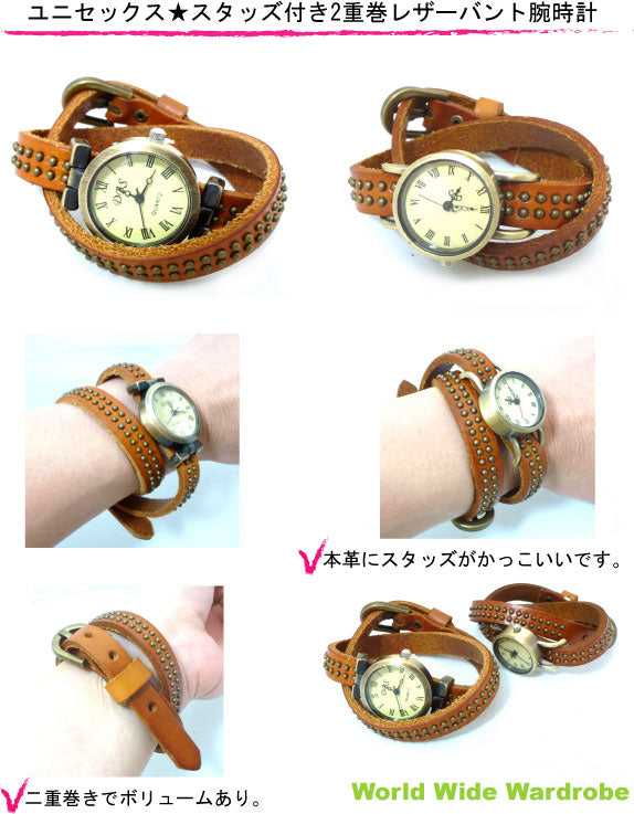 クーポン 有 ヴィンテージ風スタッズ2重巻き本革レザーバングルブレスレットローマ数字ウオッチ腕時計かわいい 30代 女の子