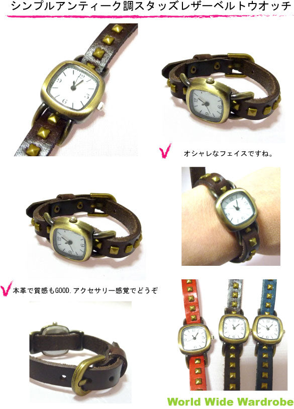 クーポン 有 男女兼用 スタッズ本革レザーベルトアンティーク調スクエアフェイスウオッチ腕時計かわいい 30代 女の子