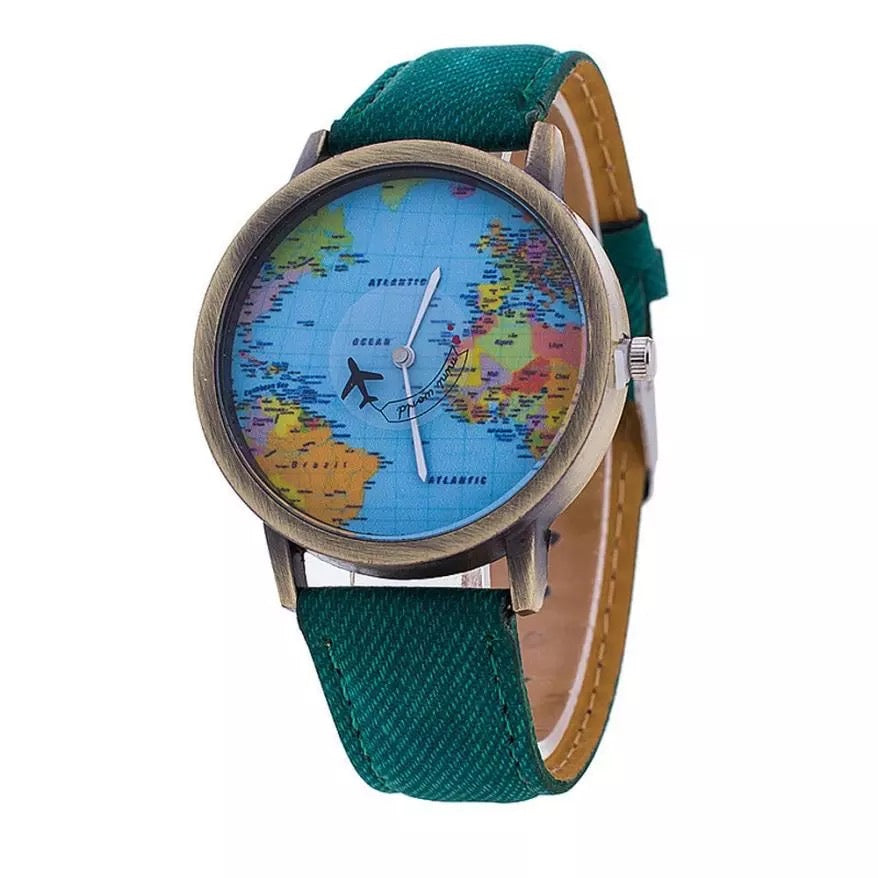 クーポン  有   世界地図WorldTraveler飛行機ぐるぐる回るデニム風ベルトウオッチ腕時計Watchギフトプレゼント世界一周旅行 ギフト 人気 かわいい 30代 女の子