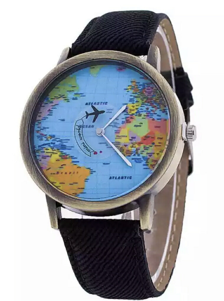 クーポン  有   世界地図WorldTraveler飛行機ぐるぐる回るデニム風ベルトウオッチ腕時計Watchギフトプレゼント世界一周旅行 ギフト 人気 かわいい 30代 女の子