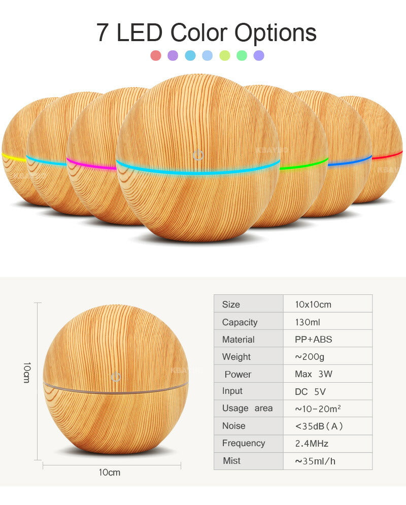 クーポン  有   ナチュラル木目柄 LED7色USBアロマディフューザー加湿器ボール　humiditor 軽量 ポータブル 旅行 予防に 美肌 乾燥対策 ストレス ギフト 人気